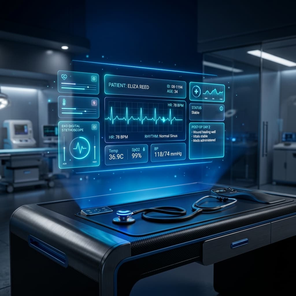 Futuristic 3D holographic medical workstation displaying glowing clinical chart notes and patient data cards